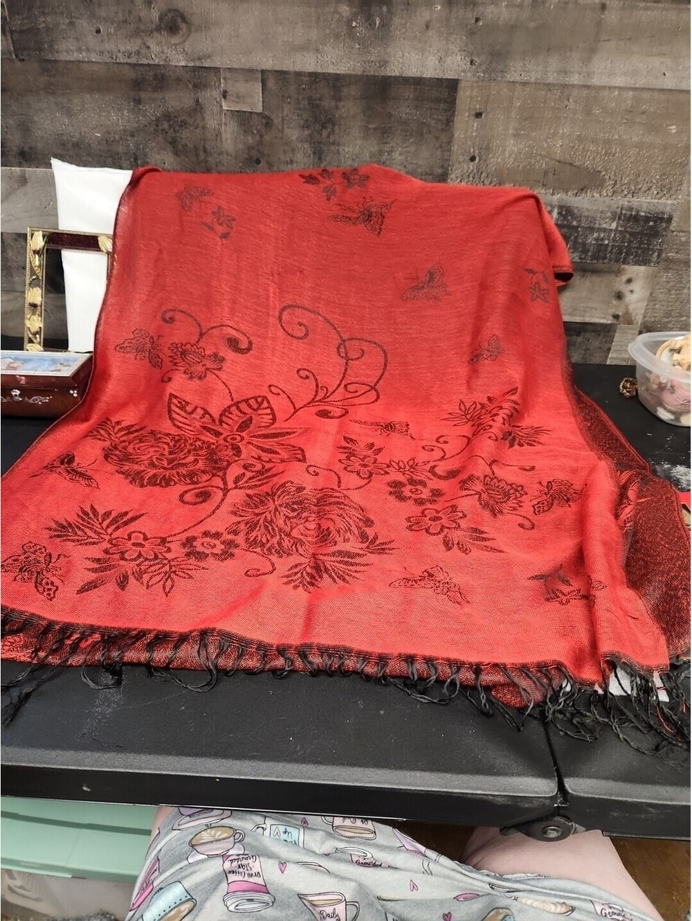 Pashmina Womens Scarf Wrap Shawl Red Black Floral/ Butterflies Silk Blend!.